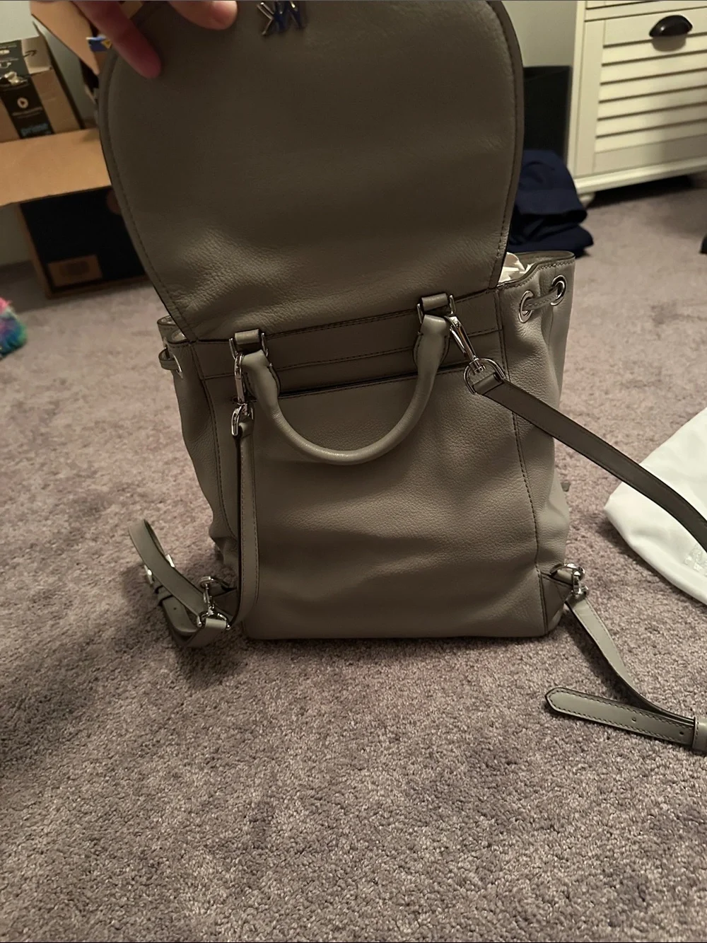 Michael Kors Light Gray Pebbled Leather Drawstring Backpack